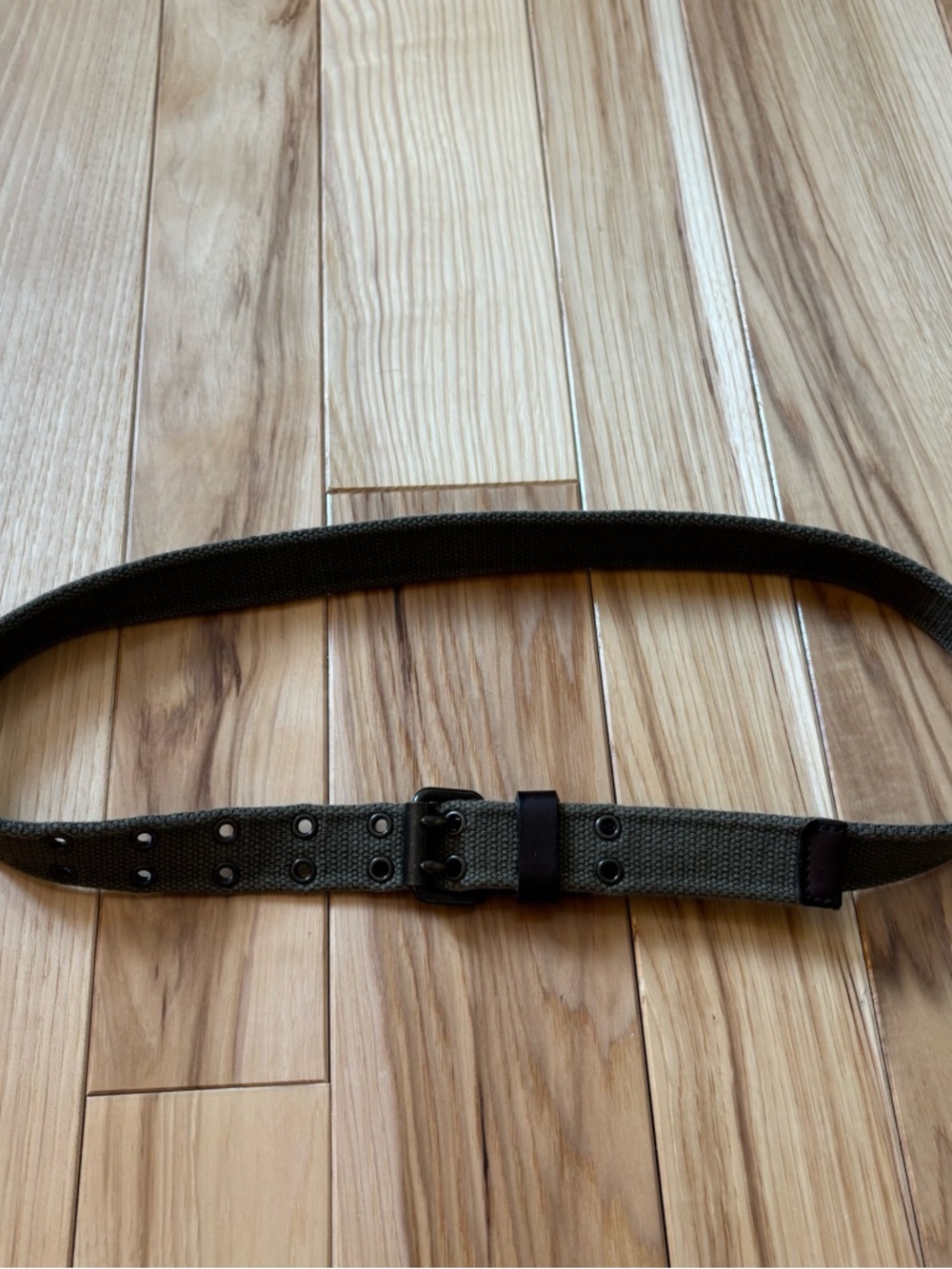 J. Crew Olive Green Canvas Brown Leather Double Grommet Belt Size Medium